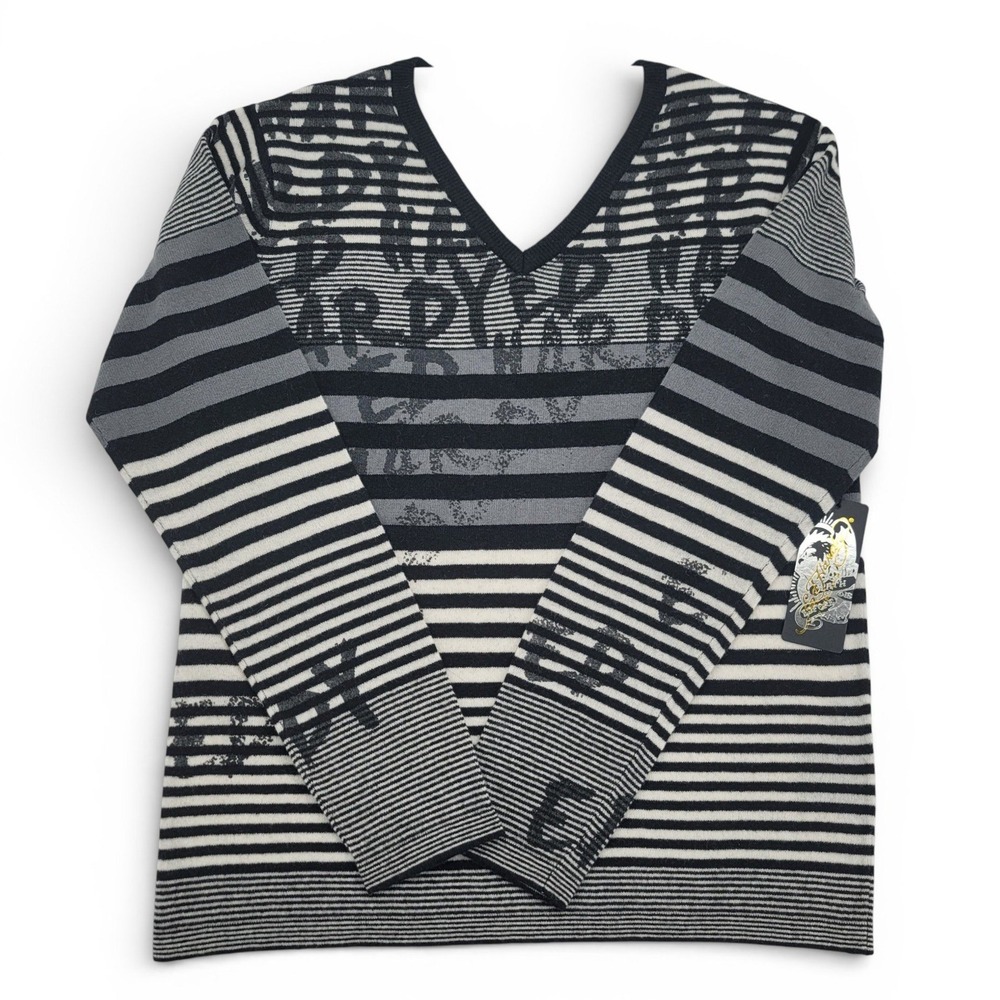 Ed Hardy Sweater L NWT Striped Black White Logo Knit Long Sleeve‎ Wool Blend